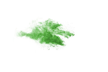 Fototapeta na wymiar Green powder explosion on white background. Colored cloud. Colorful dust explode. Paint Holi.