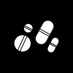 Flat monochrome pills symbol for web sites and apps. Minimal simple black and white pills symbol. Isolated vector white pills symbol on black background.