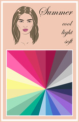 Stock vector seasonal color analysis palette. Hand drawn girl with summer type of female appearance.