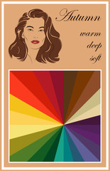 Stock vector seasonal color analysis palette. Hand drawn girl with autumn type of female appearance.