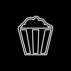 Flat line monochrome popcorn illustration for web sites and apps. Minimal simple black and white popcorn illustration. Isolated vector white popcorn illustration on black background.