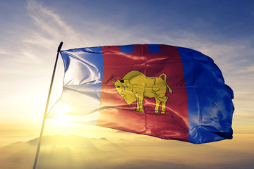 Brest oblast region of Belarus flag waving on the top sunrise mist fog