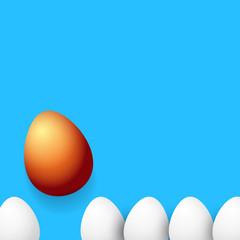 Happy easter greeting card with colorful golden egg and white eggs isolated on blue background. Vector Happy easter creative concept illustration