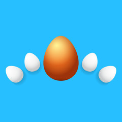 Happy easter greeting card with colorful golden egg and white eggs isolated on blue background. Vector Happy easter creative concept illustration
