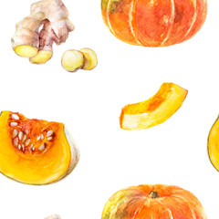 Ripe pumpkins seamless pattern. Watercolor hand drawn illustration.