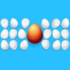 Happy easter greeting card with colorful golden egg and white eggs isolated on blue background. Vector Happy easter creative concept illustration