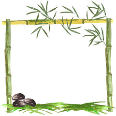 watercolor frame of bamboo and bamboo leaves with stones and grass on a white background, for the design of cards, invitations, advertising and decoration