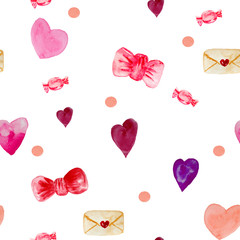 watercolor seamless pattern of envelopes, hearts, bows, carameles and confetti in red and pink colors on a white background for packaging design, cards, invitations.