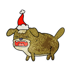 textured cartoon of a dog barking wearing santa hat