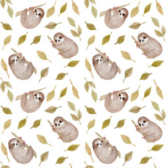 Seamless pattern. Watercolor cute sloth on the palm tree. Tropical animal. Clipart isolated on white. Hand painted illustration: nursery design, poster, greeting, birthday card, baby shower, party. © Anastasia
