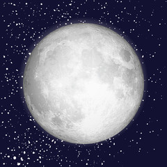 Realistic full moon isolated. Shiny on dark blue space background in cosmos or stars. Astrology or astronomy planet design. Tattoo flesh design. Vector