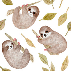 Seamless pattern. Watercolor cute sloth on the palm tree. Tropical animal. Clipart isolated on white. Hand painted illustration: nursery design, poster, greeting, birthday card, baby shower, party.