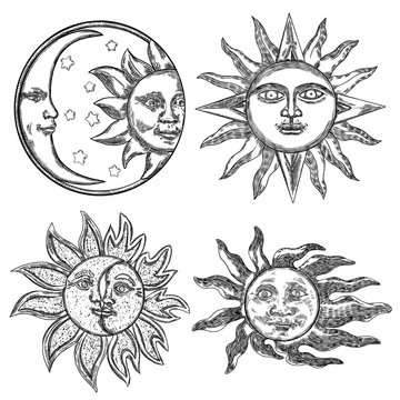 Set of hand drawn art sun and crescent moon with human face. Flash tattoo design. Antique style design, isolated on white background. Vector