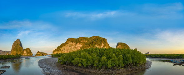 Obraz premium aerial panoramic photography above Samed Nangshe archipelago at Baanhinrom Phang Nga Thailand.