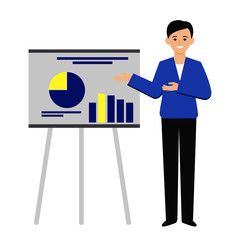 Presentation, corporate training. A man leads a workshop. Graphs, indicators, analysis of results, reporting. 