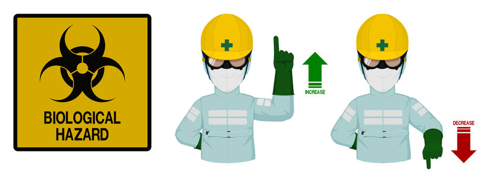 Set of industrial worker with Bio Hazard protective suit is gesturing hand sign ( increase,decrease)