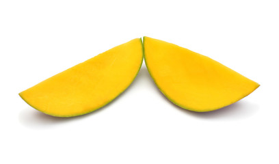 Mango fruit slice isolated on white background. Flat lay, top view