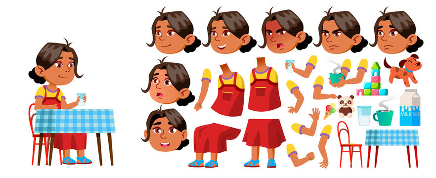 Arab, Muslim Girl Kindergarten Kid Vector. Animation Creation Set. Face Emotions, Gestures. Kiddy, Child Expression. Junior. For Announcement, Cover Design. Animated. Isolated Cartoon Illustration
