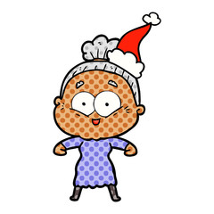 comic book style illustration of a happy old woman wearing santa hat