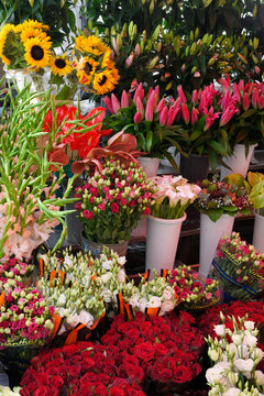 Fresh red pink white flowers and sunflowers from local growers in an open air stall at the Ljubljana Central Market Vodnik Square Ljubljana Slovenia