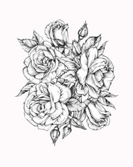 Graphic bouquet of flowers. Handmade pen and ink.