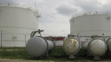 Heat exchangers at oil refinery.