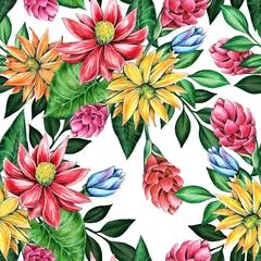 Tuinposter Seamless floral pattern of tropical flowers and leaves. Graphics and watercolor handmade. © Anna