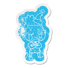 cartoon distressed sticker of a crying woman wearing santa hat