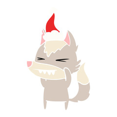 angry wolf flat color illustration of a wearing santa hat