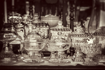 Vintage antique glassware, black and white photography