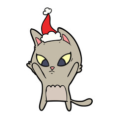 confused line drawing of a cat wearing santa hat