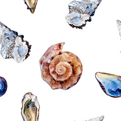 Watercolor hand drawn shell, oyster isolated seamless pattern.