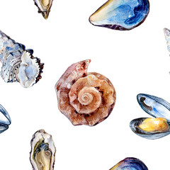 Watercolor hand drawn shell, oyster isolated seamless pattern.