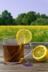 Relaxation with lemon tea concept. A tea cup on wooden table.