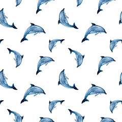 Watercolor hand drawn dolphin isolated seamless pattern.