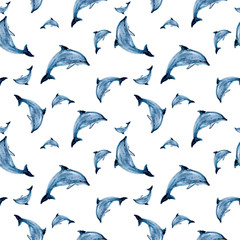 Watercolor hand drawn dolphin isolated seamless pattern.