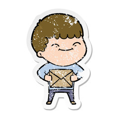 distressed sticker of a cartoon happy boy