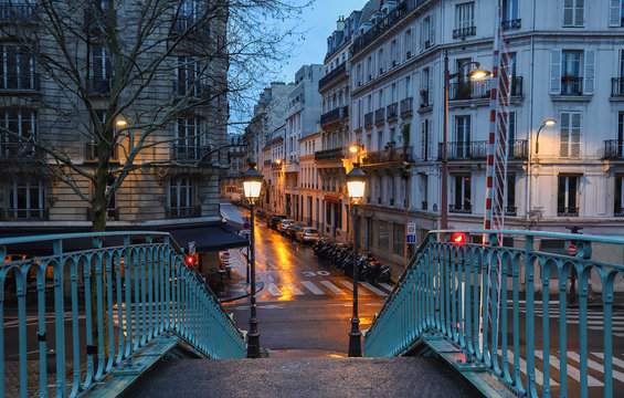 Buildings along and bridge over Canal Saint-Martin, in Paris, France.
