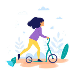 Woman riding a kick scooter in park vector illustration.