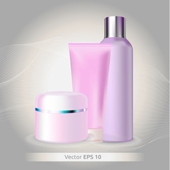 Vector set collection - cosmetic plastic jar for cream, plastic bottle for tonic or mousse for face and plastic tub for hand cream