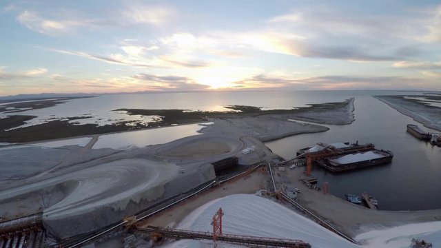 Aerial full panoramic of the salt flats by solar evaporation in Guerrero Negro, Ojo de Liebre lagoon, Biosphere Reserve of El Vizcaino, Baja California Sur.