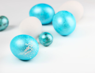 Happy easter card. Frame with blue and white Easter eggs with copy space for text. Isolated on white background