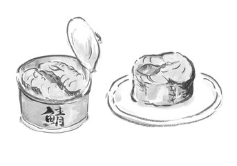 鯖缶　サバ缶　さば缶　缶詰　缶づめ　手書き　手描き　モノクロ　白黒　１色