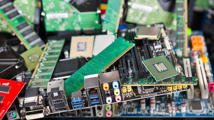 Computer and laptop cards. Mainboards, chips and memories. Pile of new obsolete PC parts. CPU, PCB,...