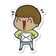 sticker of a laughing cartoon man with letter