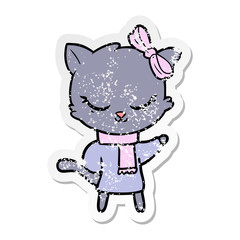 distressed sticker of a cute cartoon cat with bow