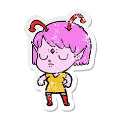 distressed sticker of a cartoon alien girl