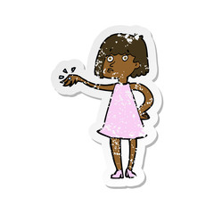 retro distressed sticker of a cartoon woman showing off engagement ring