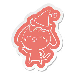 happy cartoon  sticker of a dog wearing santa hat