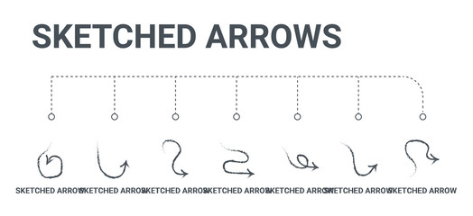 simple set of 7 line icons such as sketched arrow, sketched arrow, sketched arrow, from arrows...